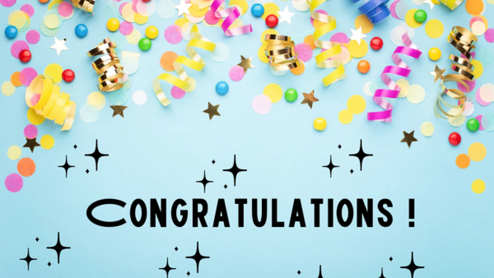 Image with confetti and streamers, and the word "congratulations."