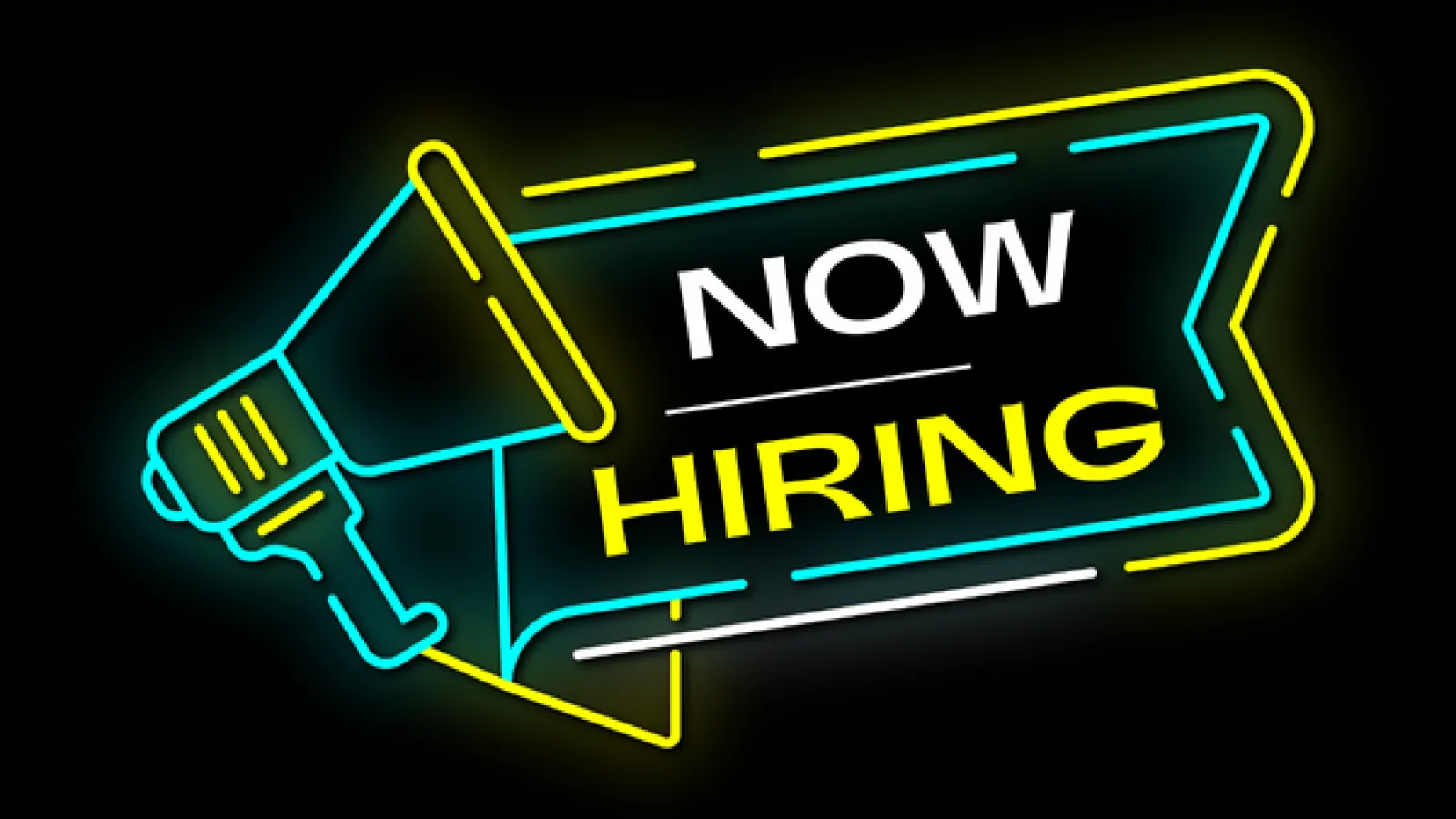 "Now hiring" neon sign